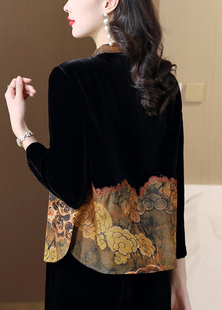 Chinese Style Black Stand Collar Print Patchwork Silk Velour Jackets Spring