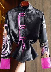 Chinese Style Black Stand Collar Tasseled Embroideried Silk Coat Fall