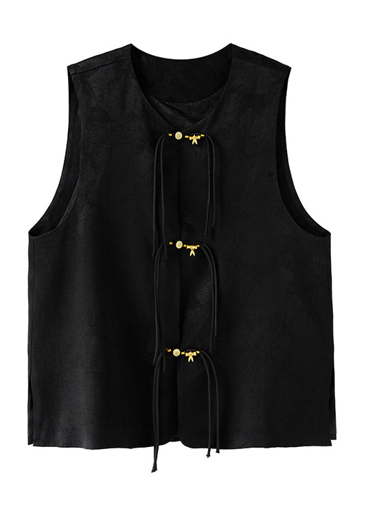 Chinese Style Black Stand Collar Tasseled Jacquard Silk Vest Sleeveless