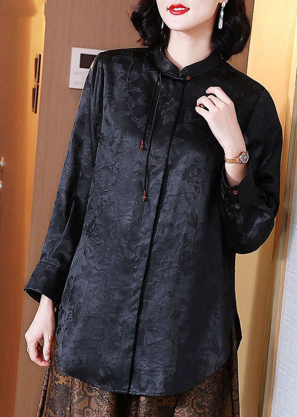 Chinese Style Black Tasseled Jacquard Patchwork Silk Blouses Long Sleeve