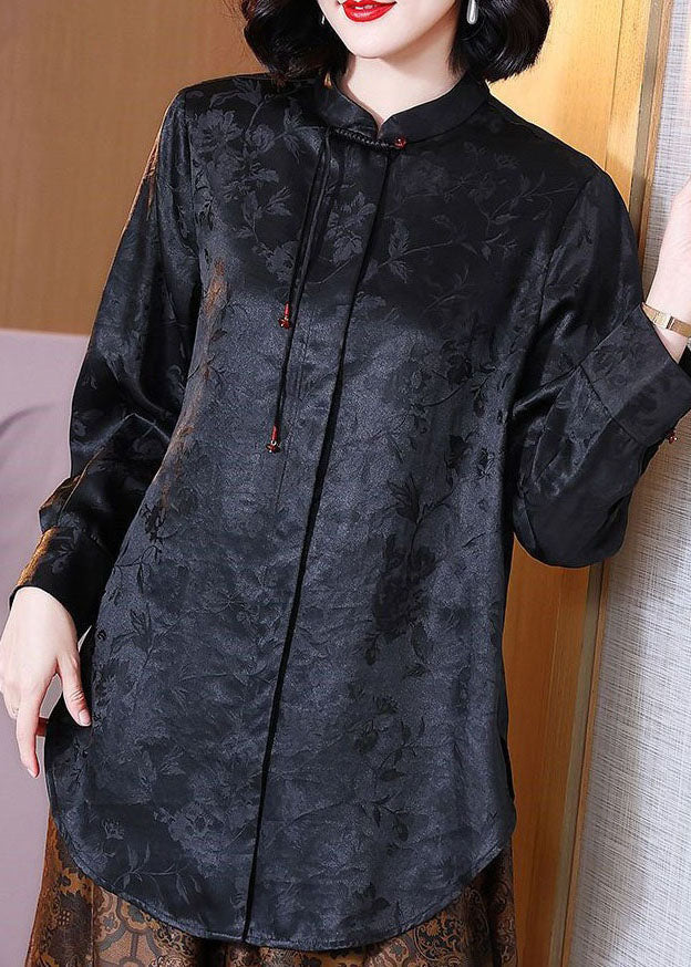 Chinese Style Black Tasseled Jacquard Patchwork Silk Blouses Long Sleeve