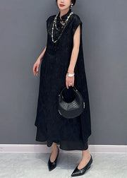 Chinese Style Black Tasseled Jacquard Patchwork Silk Dress Summer