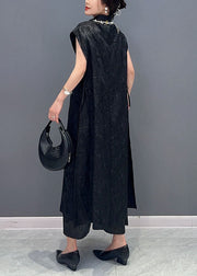 Chinese Style Black Tasseled Jacquard Patchwork Silk Dress Summer