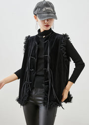 Chinese Style Black Tasseled Ruffled Silk Velour Vest Fall