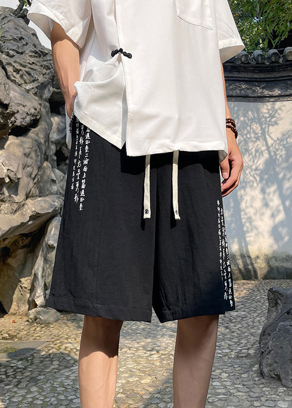 Chinese Style Black Thin Linen Pockets Men Shorts Summer
