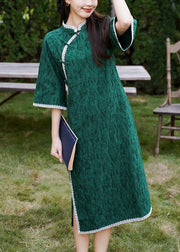 Chinese Style Blackish Green Jacquard Side Open Cotton Dress Half Sleeve