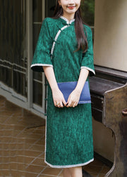 Chinese Style Blackish Green Jacquard Side Open Cotton Dress Half Sleeve