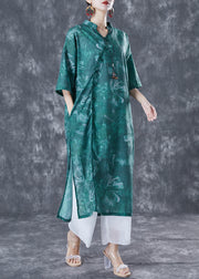 Chinese Style Blackish Green Oversized Print Linen Long Dress Summer