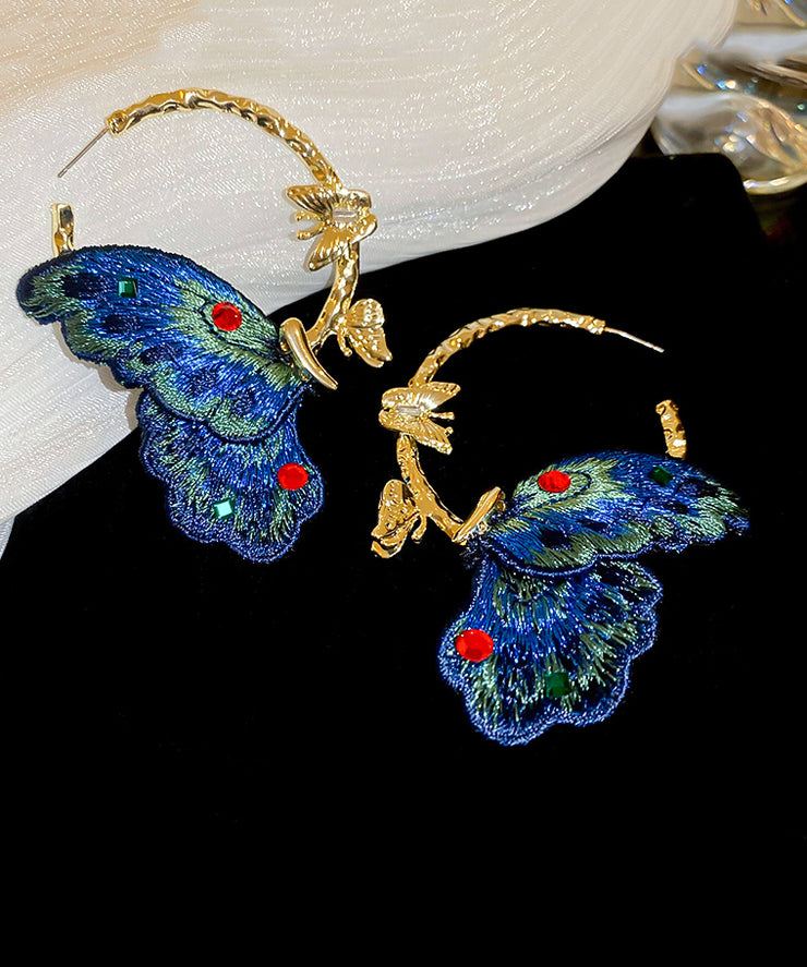 Chinese Style Blue Alloy Inlaid Cloth Embroidery Zircon Butterfly Hoop Earrings