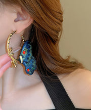 Chinese Style Blue Alloy Inlaid Cloth Embroidery Zircon Butterfly Hoop Earrings