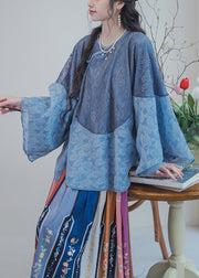 Chinese Style Blue Button Print Lace Patchwork Two Pieces Set Long Sleeve