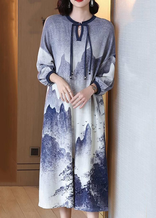 Chinese Style Blue Button Tie Dye Wool Long Dresses Spring