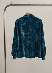 Chinese Style Blue Embroidered Jacquard Silk Velour Shirt Top Fall