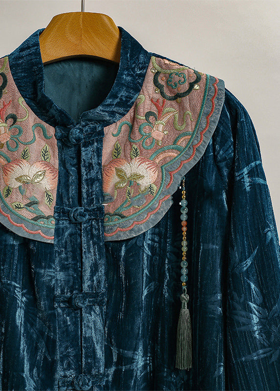 Chinese Style Blue Embroidered Jacquard Silk Velour Shirt Top Fall