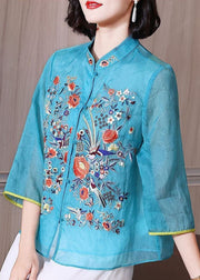 Chinese Style Blue Embroideried Patchwork Chiffon Blouse Tops Summer