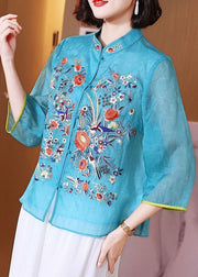 Chinese Style Blue Embroideried Patchwork Chiffon Blouse Tops Summer