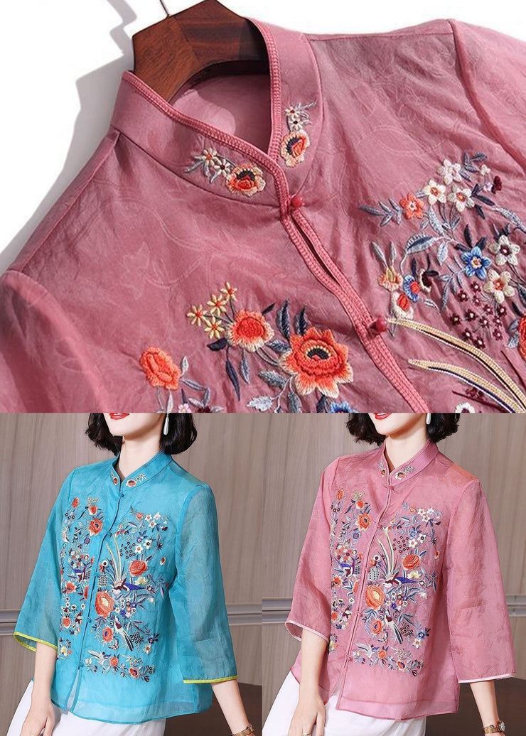 Chinese Style Blue Embroideried Patchwork Chiffon Blouse Tops Summer