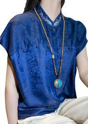 Chinese Style Blue Embroideried Patchwork Jacquard Silk Shirt Summer