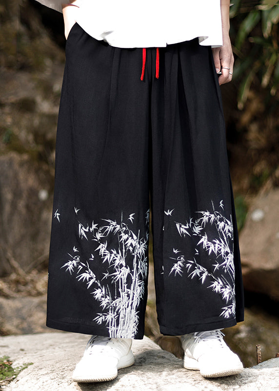 Chinese Style Blue Embroideried Pockets Cotton Mens Wide Leg Pants Summer