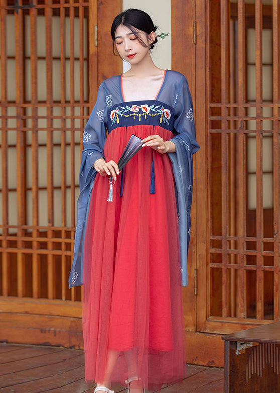 Chinese Style Blue Embroideried Tasseled Patchwork Tulle Long Dresses Summer