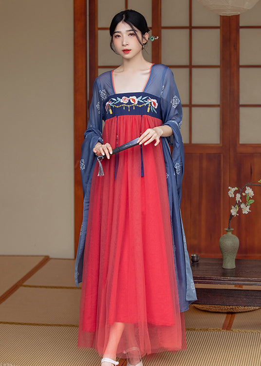 Chinese Style Blue Embroideried Tasseled Patchwork Tulle Long Dresses Summer