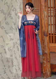 Chinese Style Blue Embroideried Tasseled Patchwork Tulle Long Dresses Summer