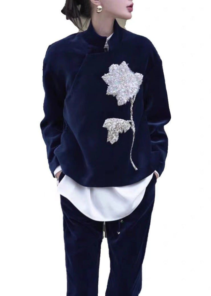 Chinese Style Blue Embroidered Velour Two Piece Set Clothing Fall