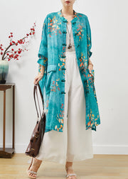 Chinese Style Blue Oversized Side Open Linen Long Shirt Summer