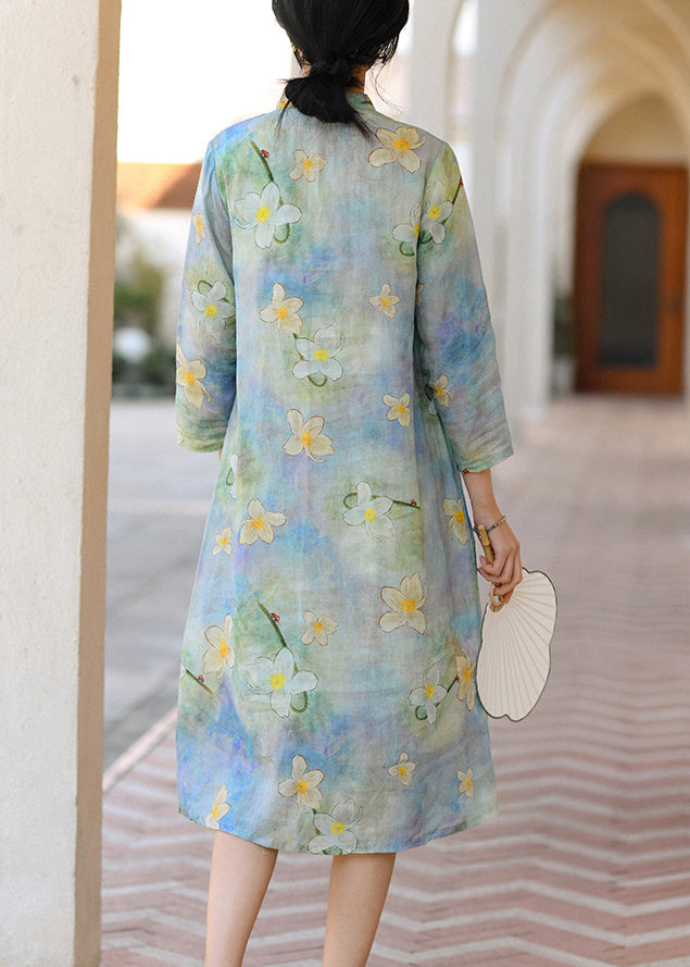 Chinese Style Blue Print Button Patchwork Linen Dresses Fall