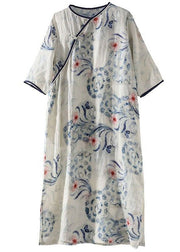 Chinese Style Blue Print Button Side Open Cotton Skirts Summer