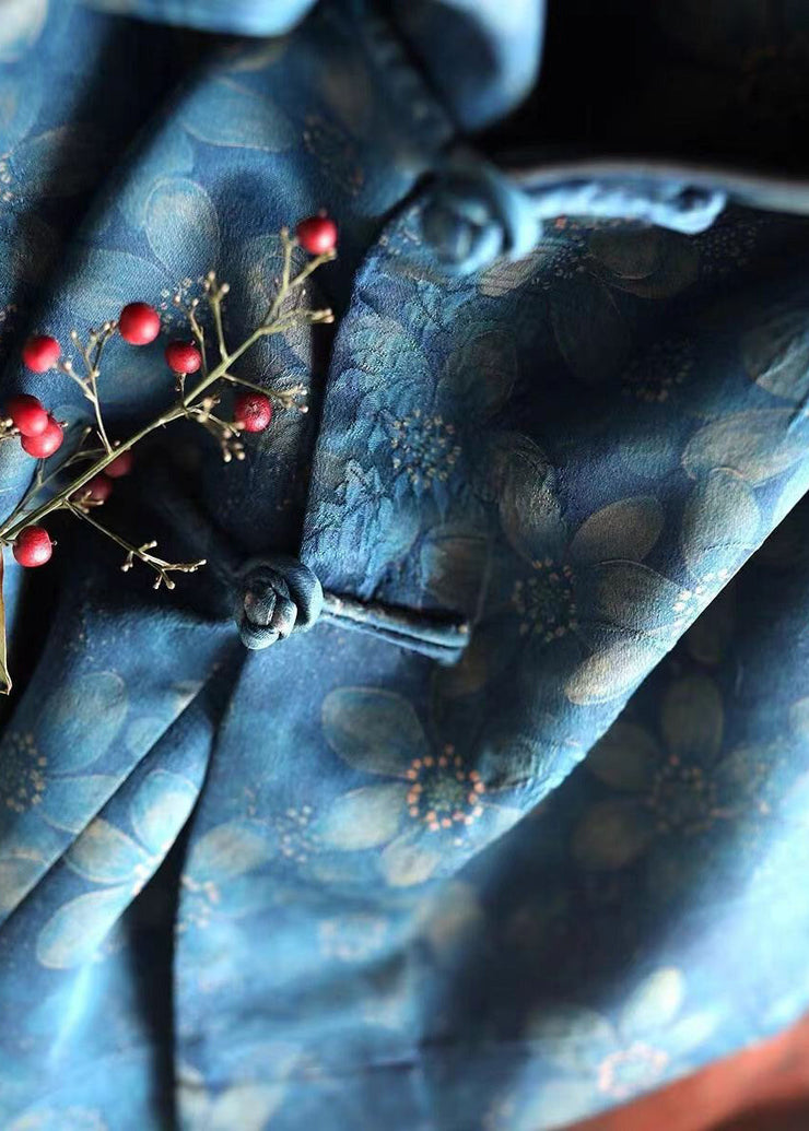 Chinese Style Blue Print Button Silk Blouses Bracelet Sleeve