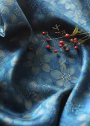 Chinese Style Blue Print Button Silk Blouses Bracelet Sleeve