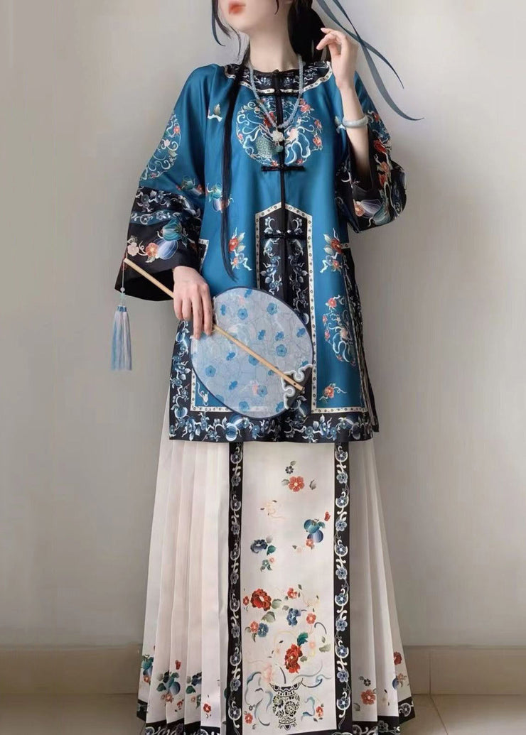 Chinese Style Blue Print Wrinkled Patchwork Silk Two Pieces Set Spring