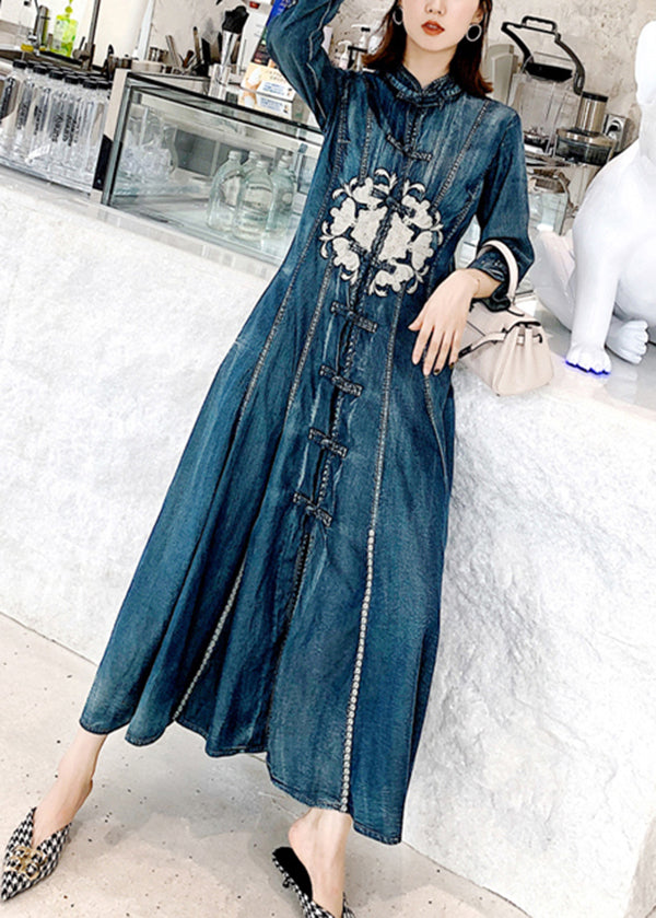 Chinese Style Blue Stand Collar Embroidered Patchwork Denim Dress Fall