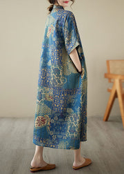 Chinese Style Blue Stand Collar Print Patchwork Linen Dress Summer