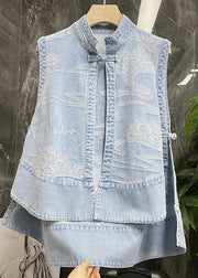 Chinese Style Blue Stand Collar Print Patchwork Low High Design Denim Waistcoat Summer