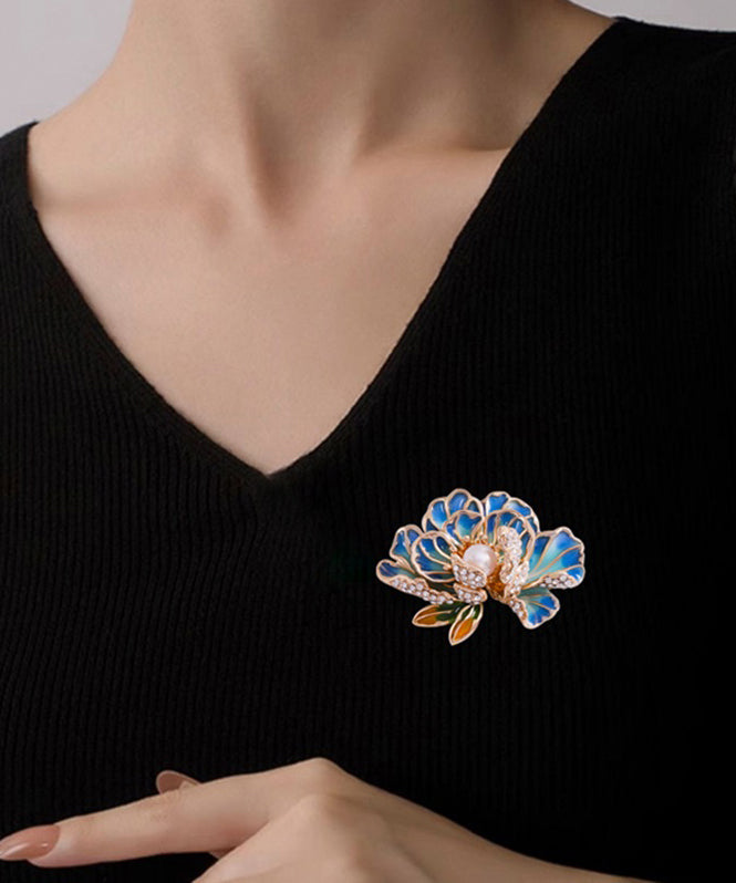 Chinese Style Blue Sterling Silver Alloy Zircon Peony Flower Brooches