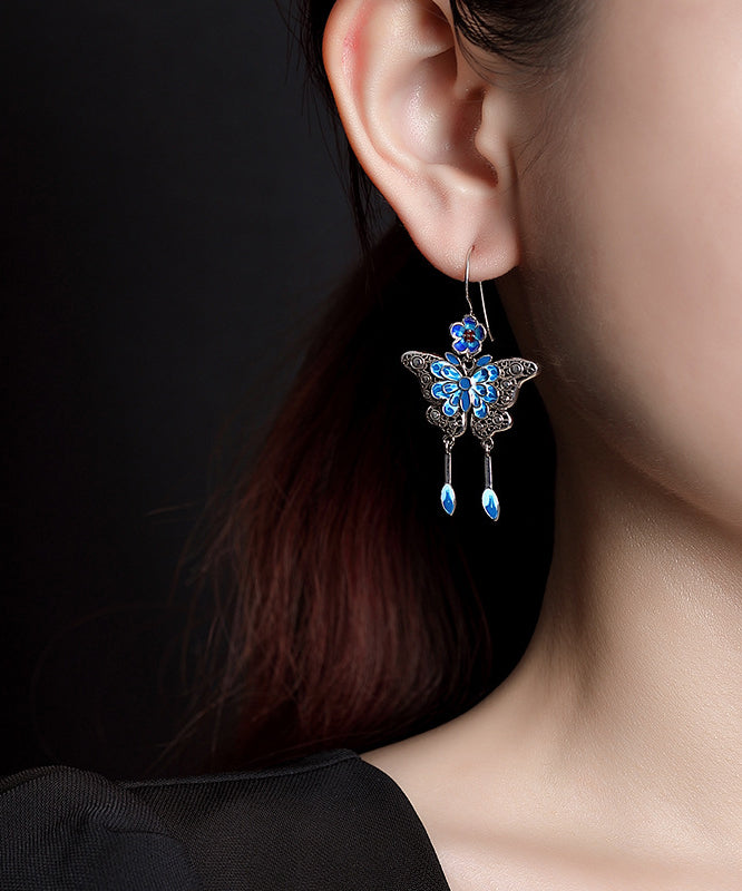 Chinese Style Blue Sterling Silver Cloisonne Butterfly Plum Blossom Tassel Drop Earrings