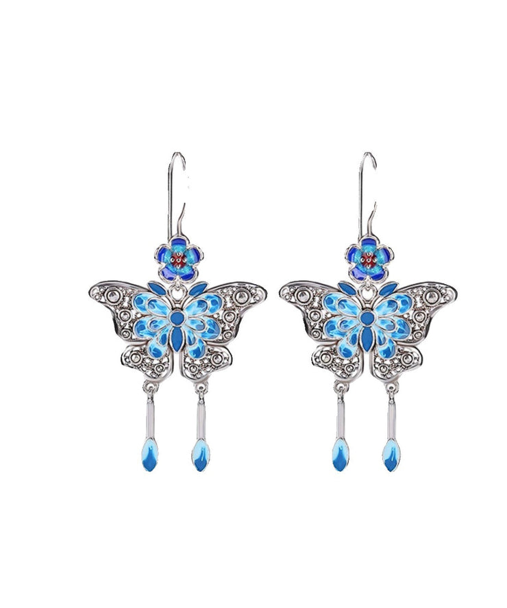 Chinese Style Blue Sterling Silver Cloisonne Butterfly Plum Blossom Tassel Drop Earrings