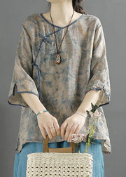 Chinese Style Blue Tasseled Button Patchwork Linen Top Summer