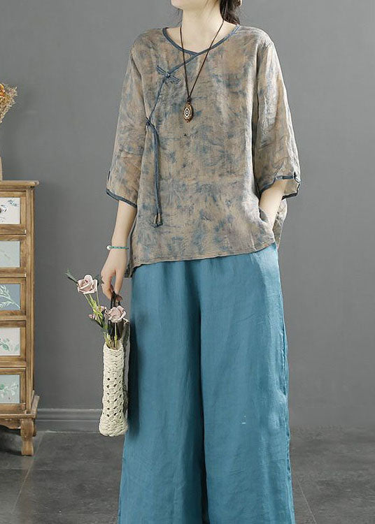 Chinese Style Blue Tasseled Button Patchwork Linen Top Summer