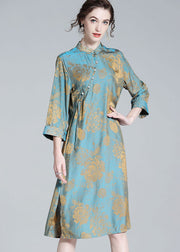 Chinese Style Blue Tasseled Patchwork Jacquard Silk Dresses Spring