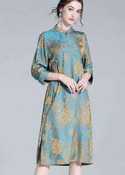 Chinese Style Blue Tasseled Patchwork Jacquard Silk Dresses Spring