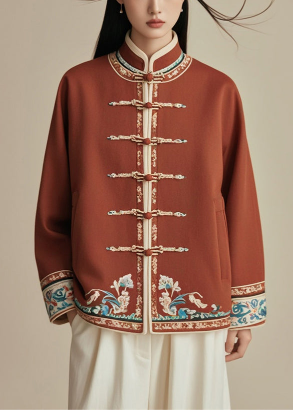 Chinese Style Brick Red Stand Collar Button Cotton Coat Fall