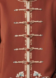 Chinese Style Brick Red Stand Collar Button Cotton Coat Fall