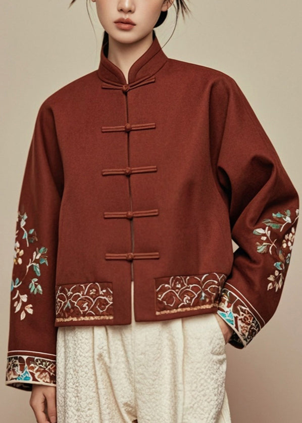 Chinese Style Brown Button Print Silk Coats Fall