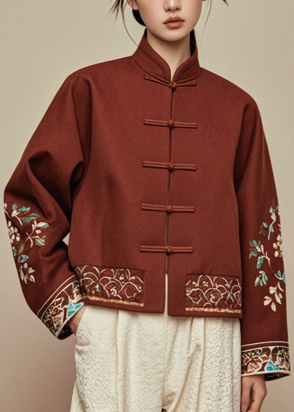 Chinese Style Brown Button Print Silk Coats Fall