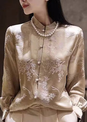 Chinese Style Champagne Stand Collar Button Jacquard Silk Shirts Spring