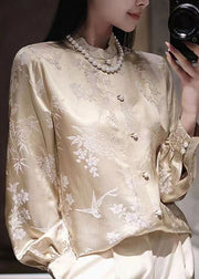 Chinese Style Champagne Stand Collar Button Jacquard Silk Shirts Spring