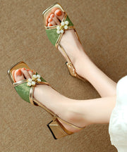 Chinese Style Chunky Sandals Green Cowhide Leather Peep Toe